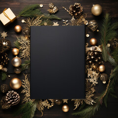 Fondo con detalle y textura de folio de color negro rodeado de decoraci&oacute;n de navidad de tonos dorados