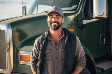 Portrait of middle aged truck driver in front of his truck