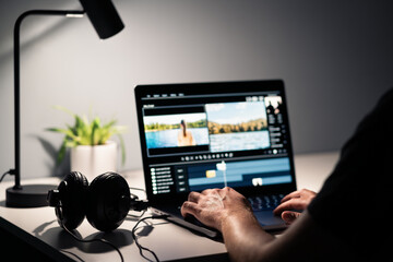 Video edit with film editor. Making movie with computer. Headphones and laptop. Sound, audio and music designer. Man working with content production software. Creative multimedia studio. Visual effect - obrazy, fototapety, plakaty