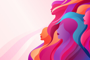 Abstract collage of women's faces in modern vector design against soft gradient pastel waves simple background. Women's abstract poster in a colorful palette.