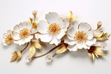 Fototapeta na wymiar 3d gold flowers white backgroung.