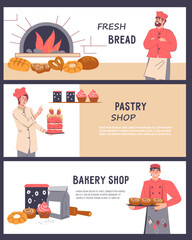 Bakery banner designs set in horizontal posters or flyers. Collection of creative bakery and confectionery banner designs, flat vector illustration isolated.