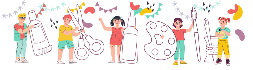 Child fun and creative art and crafts lessons banner. Boys and girls make craft projects to spark imagination and develop their artistic skills, flat vector illustration isolated on white. © Anastasia