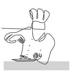 Continuous line art of process of cooking . Chef working in Kitchen. Creativity involved in cookery. Vector art. Continuous line art of a chef in hat. Vector art. Poster design ideas and elements. Cul