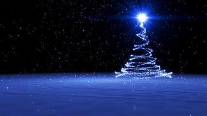 Blue Particle Christmas Tree Background features a particle Christmas tree with a glowing star on top in a snowy field and a black sky with stars, Not A.I. generated.