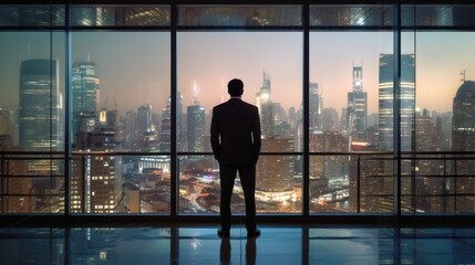 Full back view of successful businessman in suit standing in office. CEO looks at big city view through window in office.