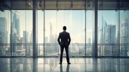 Fototapeta na wymiar Full back view of successful businessman in suit standing in office. CEO looks at big city view through window in office.