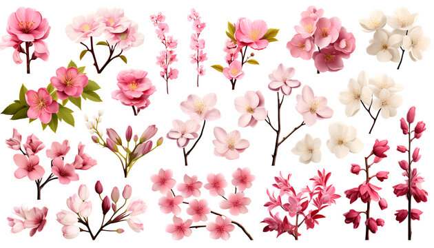 Collection of beautiful Japanese flowers and nature elements, set of various types of Cherry Blossoms, Kiku, Ume and Ayame isolated on white background
