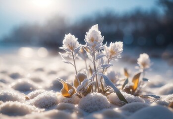 winter season of beach flower frozen with soft focus light and bokeh background
