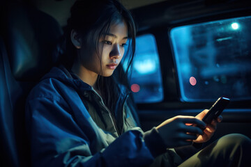 Connected Journeys, Asian Girl Makes the Most of Travel Time in the Car with her Smartphone