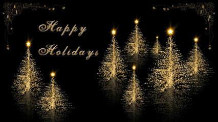Gold Happy Holidays Trees Background golden Christmas trees with glowing stars on a black reflective surface with a Happy Holidays text message, Not A.I. generated.