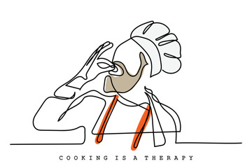 Continuous line art of process of cooking . Chef working in Kitchen. Creativity involved in cookery. Vector art.  - obrazy, fototapety, plakaty