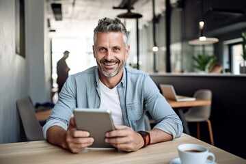 Fototapeta na wymiar Cheerful Caucasian middle-aged man in casual clothes with tablet and cup of coffee. Happy smiling mature businessman, successful entrepreneur or employee works remotely in office or coworking cafe.