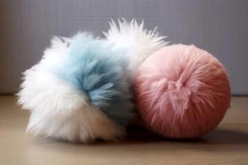 Fluffy decorative balls in white, pink, and blue hues. Generative AI