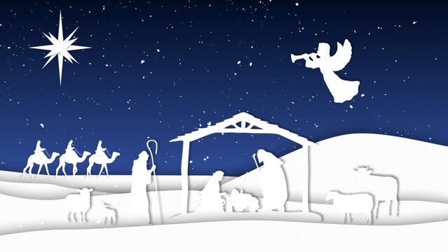 Nativity Paper Cut Outs Silhouettes features a nativity scene made from paper cut-outs with animals, manger, three wise men, angel and star against a blue sky with snowflakes, Not A.I. generated.