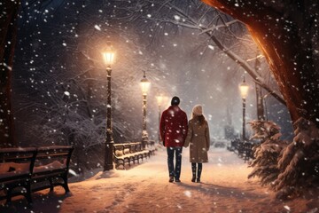 Couple walking in a snow-covered park, holding hands.