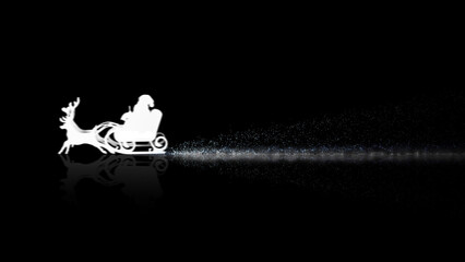 Santa on Black Reflection with Snow Trail features a white silhouette of Santa on a sled with reindeer on a black reflective surface with a trail of sparks, Not A.I. generated.