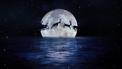 Santa Fly Merry Christmas Moon on Water features a full moon hanging low over water with Santa flying across the moon, Not A.I. generated.