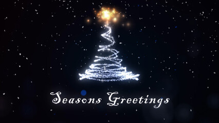 Seasons Greetings Particle Tree with Star features a Christmas tree made of particles with a star on top and snow falling with a Seasons Greetings message at the bottom, Not A.I. generated.