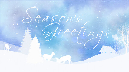 Seasons Greetings Winter Landscape with Watercolor Sky features a landscape with white silhouettes against a watercolor sky with animals and snow falling text saying season’s greetings, not A.I.