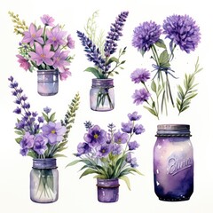 Collection of watercolor mason jars with purple flowers clipart. - obrazy, fototapety, plakaty