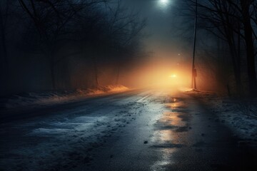 Icy road at dusk, headlights piercing through the snowy mist.