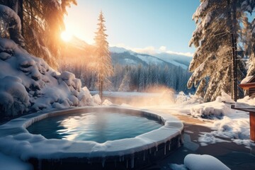 Luxurious winter spa, steam rising from a hot tub surrounded by snow. - obrazy, fototapety, plakaty