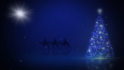 Three Wise Men Christmas Tree Sparkle features a particle sparkling Christmas tree on a blue surface with a silhouette of three wise men riding camels in the background and a star in the sky, not A.I.