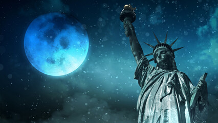 Statue Of Liberty in a Winter Snow features the Statue of Liberty with snow falling, clouds,, and a full moon in the sky, not A.I. generated.
