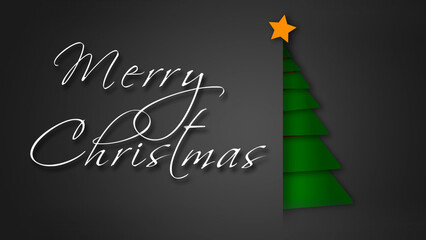 Unfolding Green Paper Merry Christmas Tree features a gray envelope background with paper pieces folded into a green Christmas tree with a hand-written Merry Christmas message, not A.I. generated.