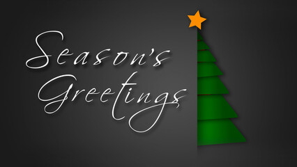 Unfolding Green Paper Season’s Greetings Tree features a gray envelope background with paper pieces folded into a green Christmas tree with a hand-written Seasons Greetings message, not A.I. generated