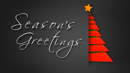 Unfolding Red Paper Season’s Greetings Tree features a gray envelope background with paper pieces folded into a red Christmas tree with a hand-written Seasons Greetings message, not A.I. generated.