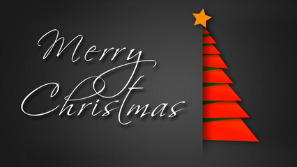 Unfolding Red Paper Merry Christmas Tree features a gray envelope background with paper pieces folded into a red Christmas tree with a hand-written Merry Christmas message, not A.I. generated.
