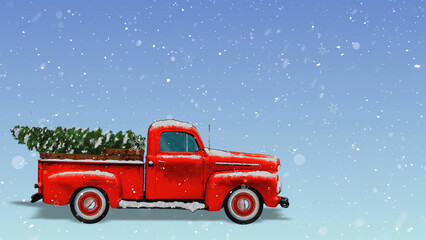 Vintage Red Truck Hauling Christmas Tree with Snow features a vintage red truck covered in snow with a Christmas tree in back against a blue gradient background, not A.I. generated.