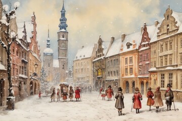 Vintage winter postcard, snow-covered town square with carolers singing. - obrazy, fototapety, plakaty