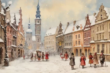 Fotobehang Vintage winter postcard, snow-covered town square with carolers singing. © furyon