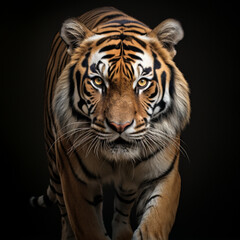 Fotografia con detalle de tigre con mirada fija, con fondo de color negro