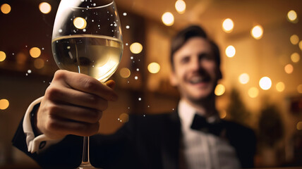 Happy man holding a glass of wine at an event, man wearing a tuxedo, birthday, wedding, New Year's Eve, christmas, groom with a glass of wine, fancy party, celebration event,  - obrazy, fototapety, plakaty