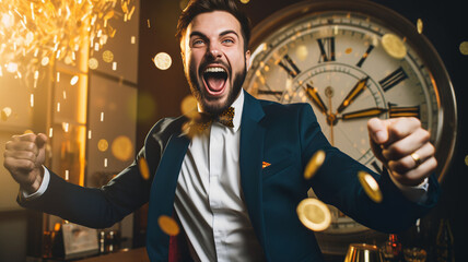 Happy man celebrating New Year's Eve, time passing, clock in the background, bokeh and firework, new year, 2024, 2025, man in a tuxedo, new year's celebration, party event, dancing, nightclub