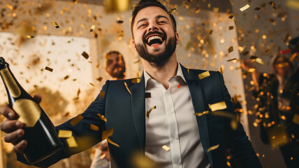 Happy man celebrating New Year's Eve, confetti, party in the background, holding a bottle of champagne, 2024, 2025, man in a tuxedo, new year celebration, wedding, birthday, gold confetti, party event