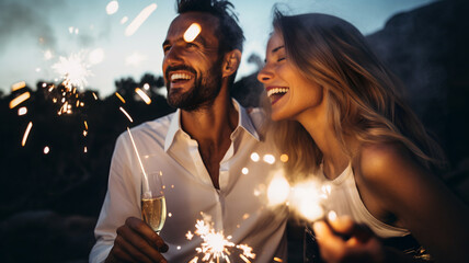 Happy couple celebrating together, smiling, New Year's Eve, christmas, birthday and wedding, holding a glass of champagne, fireworks, couple drinking at a party, happiness, man and woman together - obrazy, fototapety, plakaty