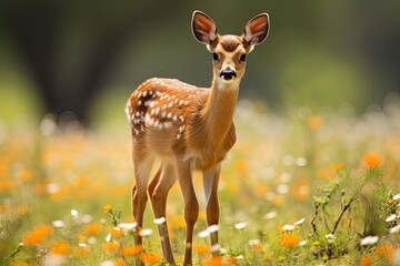 Naklejka na ściany i meble Female roe deer with beautiful flower.