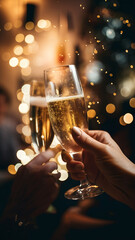 Two hands with  glasses of champagne cheering, celebrating new year's eve, toast, cheering, wedding and birthday, special event, celebrating together, party, anniversary, sparkling wine, 2024, 2025,  - obrazy, fototapety, plakaty