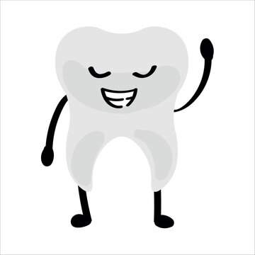 Cute human tooth waving hand on white background