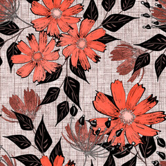 Seamless retro floral pattern, Coral flowers, black leaves on beige textured background.