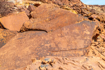A view of ancient rock carvings on sandstone rock in Twyfelfontein in Namibia during the dry season