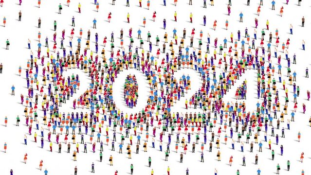 2024 Happy New Year Greeting. A large group of people form to create the year 2024 or Twenty Twenty Four. 4K Video Animation.