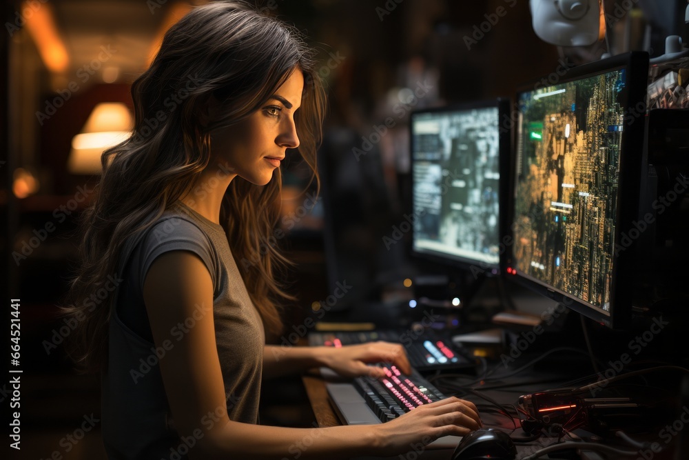 Poster female it specialist sits in a dark office and looks at several monitors with her hands on the keybo