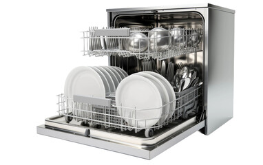 Stunning Metal Open Dishwasher Isolated on Transparent Background PNG.