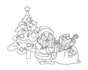 Santa Claus with gifts near Christmas tree on white background